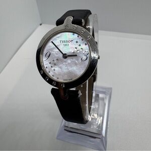 Tissot Women's T0032096711200 'Flamingo' Diamond MOP Dial Black Leather Watch